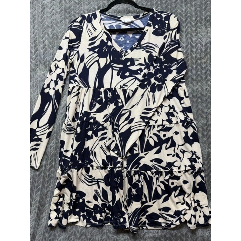 SPLA Women Navy Blue Floral Tiered Babydoll Mini Dress Long Sleeve V-Neck 0403